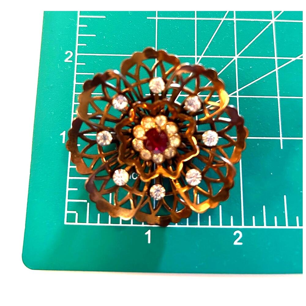 CORO Gold Tone Red Round Rhinestone Layered Flower Floral Pin Brooch Vtg